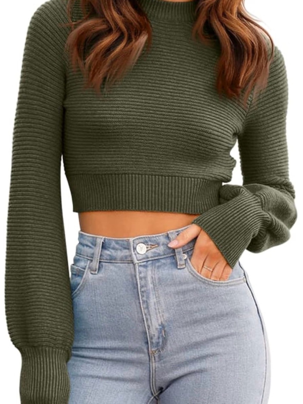 Cropped Ribbed Sweater Top in Olive Green